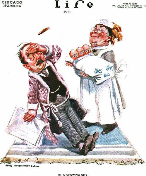 1911 LIFE Magazine cartoon showing father swooning when shown his newborn triplets.