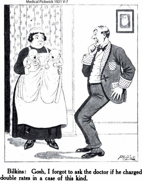 1921 Cartoon-Nurse speaks to surprised father of twins.